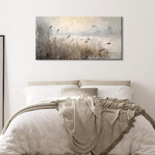 LASMOND Vintage Meadow Wall Art for Living Room Reed Grass Canvas Painting Prints Large Retro Rustic Cottagecore Countryside Landscape Farmhouse Bedroom Artwork Home Decor (40x20 Inches) - color: Vintage Meadow Wall Art (S069), size: 40"L x 20"W