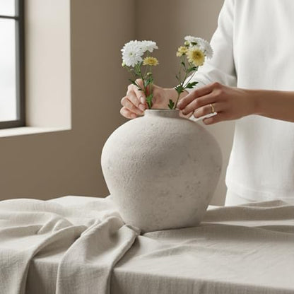 Handemade Large Round Vase for Centerpieces, White Farmhouse Rustic Vase - color: White