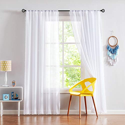 Snow White Sheer Curtains 95" Bedroom Pompom Voile Window Drape Living Room - color: Snow White, size: 52"W x 95"L (Pack of 2)