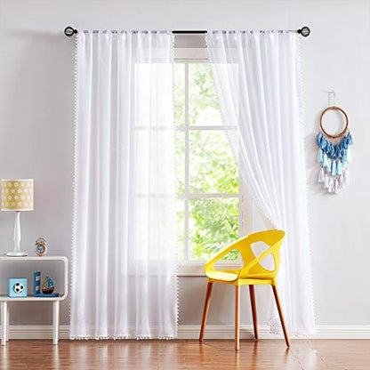 Pom Pom Sheer White Curtains 52x108" Living Room Textured Window Panels 2pc - color: Snow White, size: 52"W x 108"L (Pack of 2)