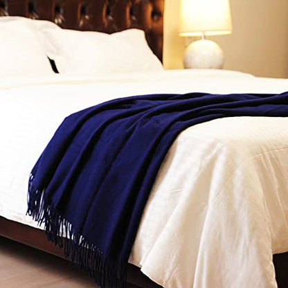 CUDDLE DREAMS Premium Cashmere Throw Blanket with Fringe (Navy) - color: Navy