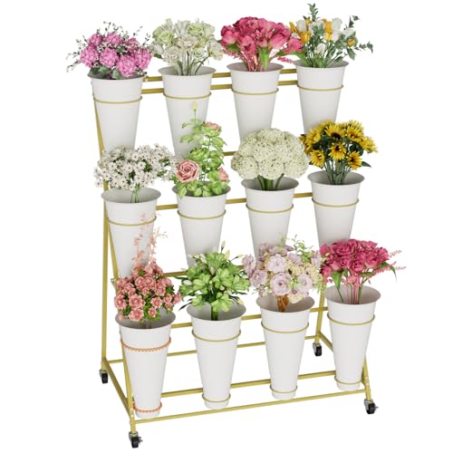 Flower Stand, 3 Tier Flower Display Stand with 12 Buckets, Upgrade Double Circle No Shaking, Outdoor Flower Cart with Wheels for Patio, Garden, Shop, Wedding, Party, Exhibition, Indoor, Gold - color: Gold