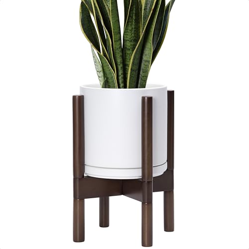 D'vine Dev Ceramic Pot with Walnut Wood Stand, White, 8 in, 55-B-Y-1 - color: White Pot + Walnut Color Stand, size: 8 Inch