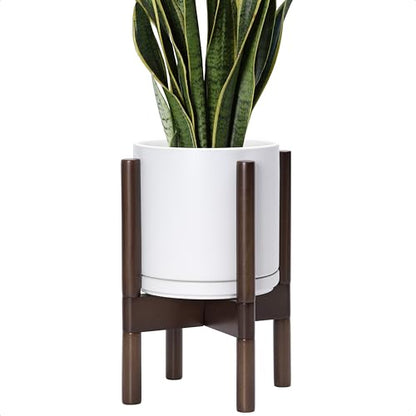 D'vine Dev Ceramic Pot with Walnut Wood Stand, White, 8 in, 55-B-Y-1 - color: White Pot + Walnut Color Stand, size: 8 Inch