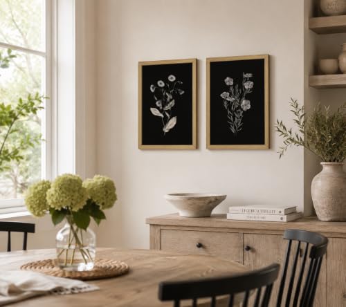 2Pcs Framed Canvas Botanical Wall Art Black Floral Print 12x16 Inch - color: Blackened flowers, size: 16"L x 12"W