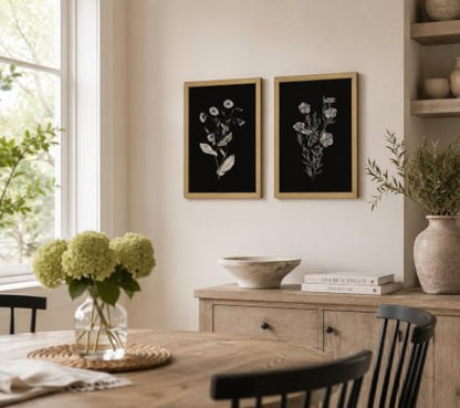 2Pcs Framed Canvas Botanical Wall Art Black Floral Print 12x16 Inch - color: Blackened flowers, size: 16"L x 12"W