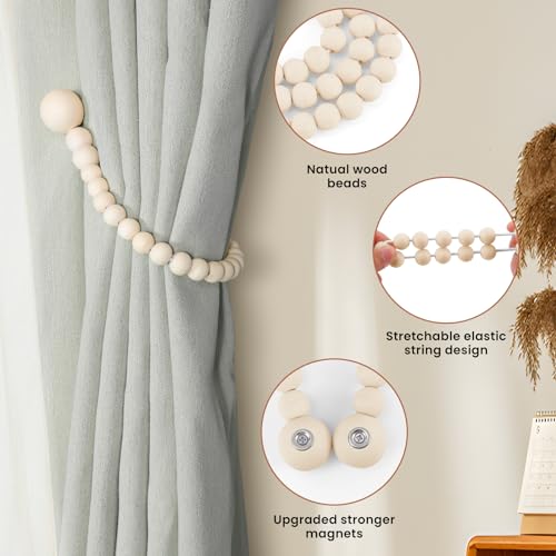 KLOGTSIND Magnetic Curtain Tiebacks, 2 Pack Wood Bead Curtain Holdbacks - color: Wood Color