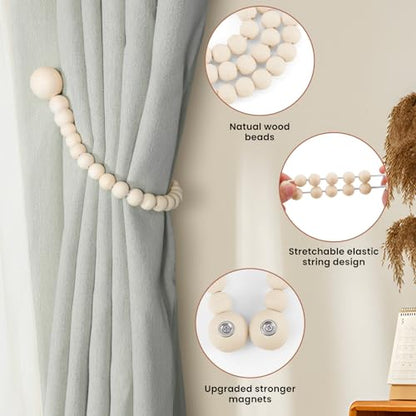KLOGTSIND Magnetic Curtain Tiebacks, 2 Pack Wood Bead Curtain Holdbacks - color: Wood Color