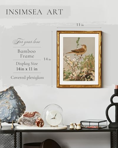 InSimSea Gold Bamboo Framed Wall Art, Spring Bird on Branch Prints, 11x14In - color: Branch Spring Bird