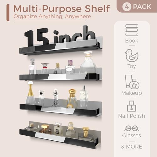4 Pack 15 Inch Black Reflective Acrylic Floating Wall Shelves - color: 15in-black Mirror