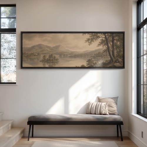 wall26 Large Framed Wall Art Canvas Print - Sepia Antique Vintage Lake Mountain - Contemporary Artwork for Living Room Bedroom Office - 60"x20" Black - color: A07-2607-ANG15, size: 60"L x 20"W, style: Black Frame