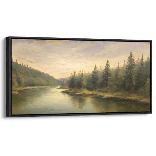 wall26 Extra Large Framed Wall Art Canvas Print - Vintage Pine Forest River Landscape - Contemporary Artwork for Living Room Bedroom Office - 60"x30" Black - color: A07-2607-YUK19, size: 60"L x 30"W, style: Black Frame