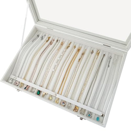 15-Hook Anti-Tangle Necklace Organizer Box with Divided Slots - color: Beige-15 necklaces
