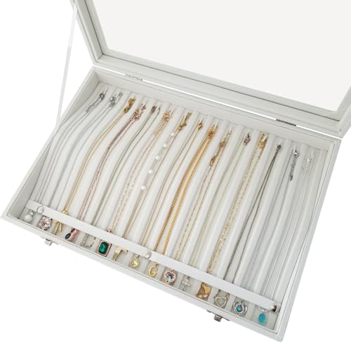 15-Hook Anti-Tangle Necklace Organizer Box with Divided Slots - color: Beige-15 necklaces