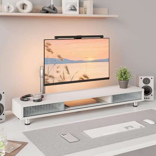Fenge Dual Monitor Stand with Storage, Desk Shelf with Glass Sliding Door - color: White