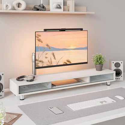 Fenge Dual Monitor Stand with Storage, Desk Shelf with Glass Sliding Door - color: White