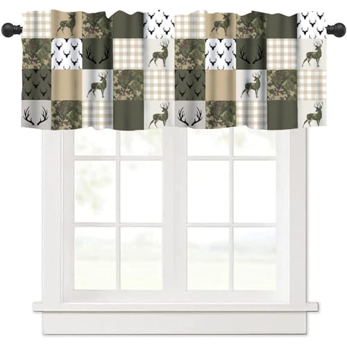 Camouflage Deer Window Valance for Kitchen, Vintage Camo Green Beige Plaid Rustic Cabin Wildlife Hunting Blackout Short Curtain for Farmhouse Bathroom Living Room Bedroom, 54x18inch - color: Deer-1