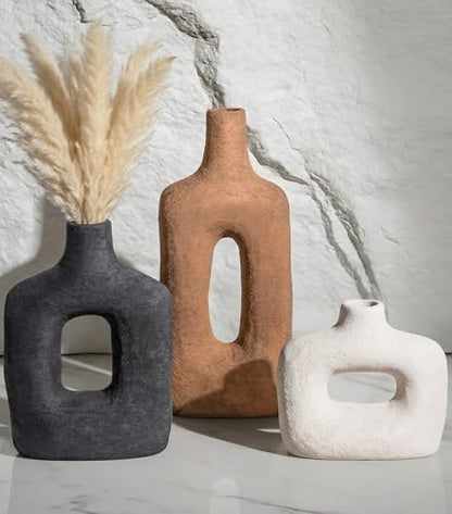DREAMLOOM Ceramic Vase Set of 3, Black, Rust - color: Rust Red Combo - Hollow Design