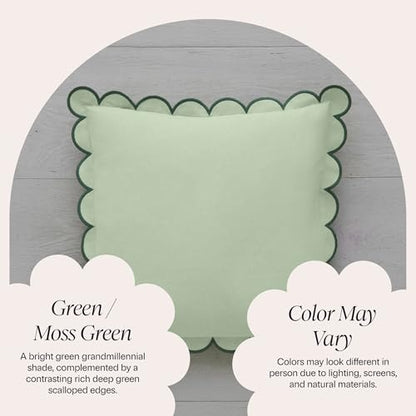 BEBE BASK Scalloped Pillow Cover Set of 2, 18x18, Cotton - Moss Green - color: Moss Green/Green
