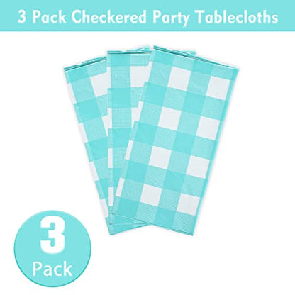 Kesfey Blue Gingham Tablecloth Picnic Party Checkered Table Cover 3 Packs - color: Aqua and White