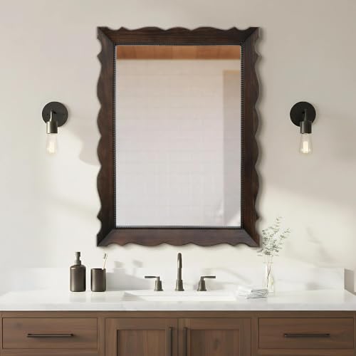 Besdomus Large Wood Bathroom Mirror: 30"x40" Dark Brown Scalloped Mirror - color: Brown Dark, size: 40"L x 30"W