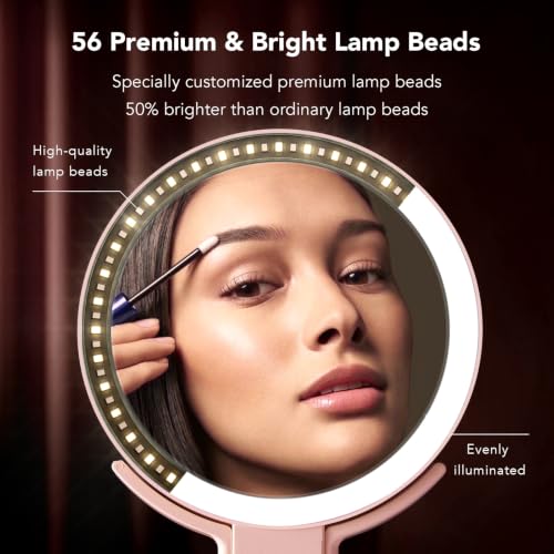 LitBear Travel Makeup Mirror with Lights, Rechargeable Double-Sided 10X/1X Magnifying Mirror, Portable Lighted Beauty Mirror, 3 Color Lighting, Dimmable Touch Screen, Tabletop Handhold Hanging (Pink) - color: Pink