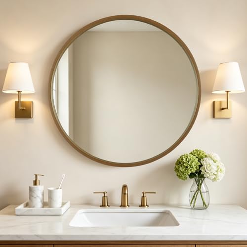 WallBeyond 36 Inch Natural Round Wood Mirror, Large Circle Wooden Frame Wall Mirror for Bathroom, Living Room, Bedroom, Entryway - color: Natural, size: 36"L x 36"W