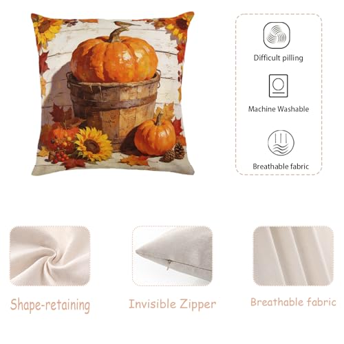 Pumpkin in Wooden Bucket Sunflower Maple Leaf Oil Painting Throw Pillow Covers 18x18 Set of 2, Vintage Farmhouse Fall Linen‑Textured Cushion Cases, Thanksgiving Harvest Home Sofa Decor Pillowcases - color: Brown, Orange, Yellow