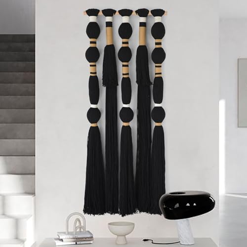 Macrame Wall Hanging Black Spherical Tassel Geometric Wall Art 15.7"W*39"L - color: Black1