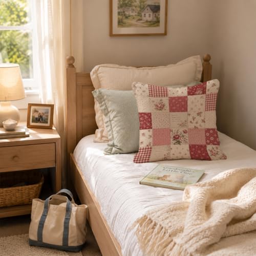 Shabby Chic Rose Patchwork Throw Pillow Cover 18x18 - color: Red