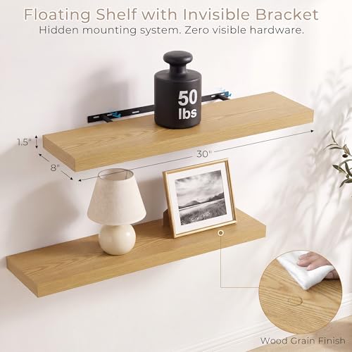 Vivelove Deep Floating Shelves, 30 x 8 Inch, Oak, Set of 2 - color: Oak, size: 30"Wx8"Dx1.4"H