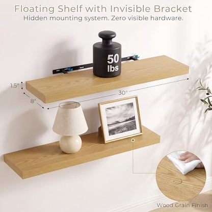 Vivelove Deep Floating Shelves, 30 x 8 Inch, Oak, Set of 2 - color: Oak, size: 30"Wx8"Dx1.4"H