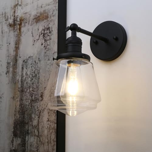 Phansthy Wall Sconces Light Fixture Industrial Wall Lamp, 180 Degree Adjustable Bathroom Vanity Light, Wall Light with Glass Shade Wall Decorative Lighting for Kitchen Living Room Hallway (Black) - color: Black