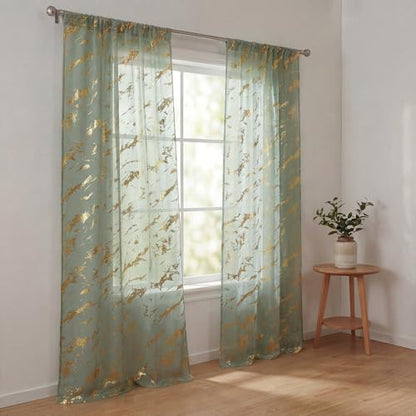Horaldaily 2Pcs Sage Green Sheer Curtains 52x63in, Gold Sequin Marble - color: Sage Green and Gold, size: 52"W x 63"L (Pack of 2)