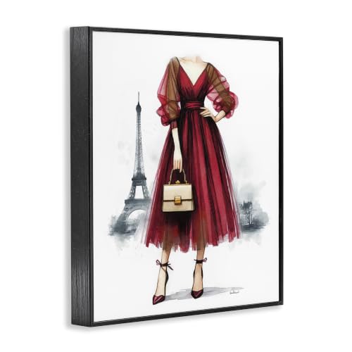 'Parisian Fashion Red Dress'| Framed Giclee Art - color: Midnight Black (Textured), size: 14"L x 11"W