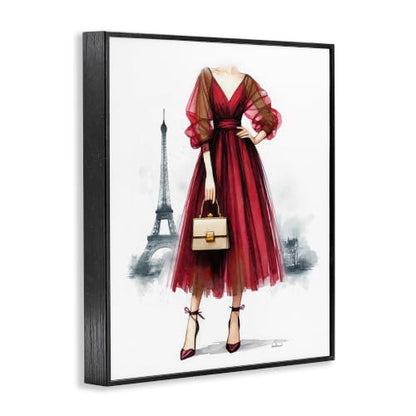 'Parisian Fashion Red Dress'| Framed Giclee Art - color: Midnight Black (Textured), size: 20"L x 16"W