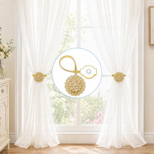 Magnetic Tiebacks for Curtain 2 Pack, Gold Crystal Flower Holdback - color: Gold