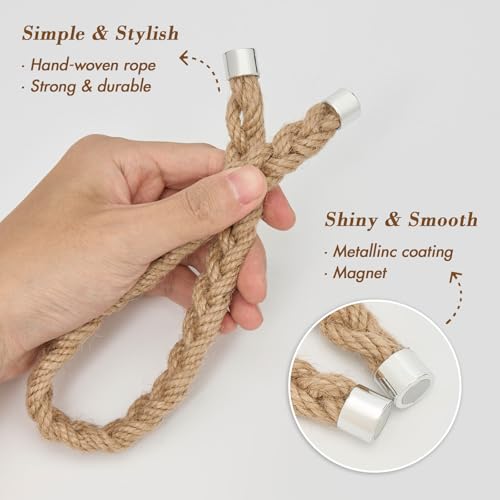 NICEEC 2 Pack Natural Jute Rope Curtain Tiebacks Elegant Boho Style Magnetic Drape Tie Backs Soft Hand-Woven Rope Curtain Holdbacks for Home & Office Drapery (Jute Rope-Thin) - color: Jute Rope-thin, size: 2 Pack
