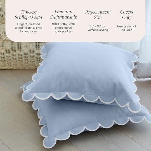BEBE BASK Scalloped Pillow Cover Set of 2, 18x18, Cotton - Sky Blue/White - color: Sky Blue/White