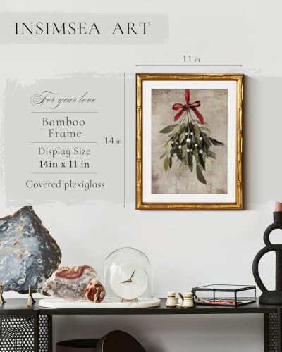 InSimSea Gold Bamboo Framed Christmas Wall Art, Retro Mistletoe, 11x14In - color: Christmas Mistletoe
