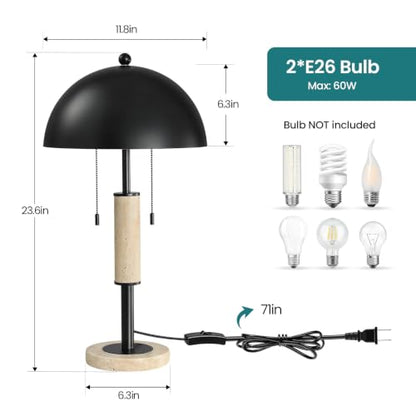 Black Bedside Table Lamp Set 2 Mid Century Modern Tavertine Nightstand Lamp - color: Black