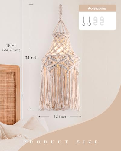 Boho Lamp Shade, Hanging Lamp with Handmade Macrame Lamp Shade - size: BOHO-02