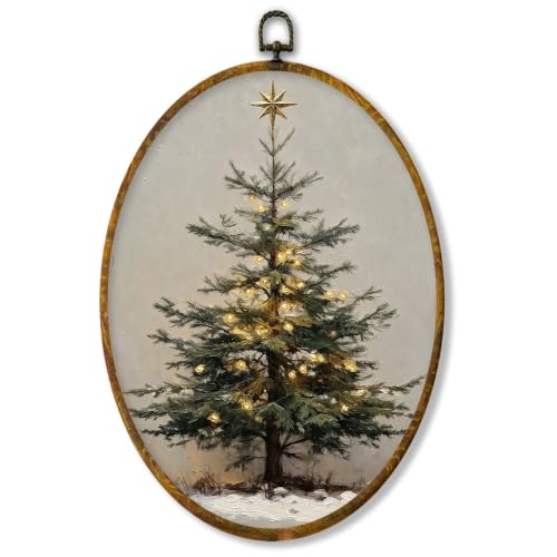 XPH Vintage Christmas Pine Tree Oval Wall Art Framed 8.6x11.4 Inch - color: Christmas51