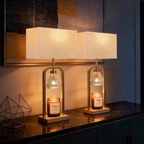 PoKat 21.5'' Gold Table Lamps Set of 2 with Candle Warmer & Gift Box, Metal - color: Set of 2 - Gold With Wood-print Finish