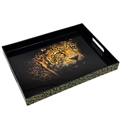 Serving Tray with Handles, 15.7 * 11.8 inches, Plastic Ottoman Tray with Exquisite Paintings, Trays for Coffee Table - color: Leopard