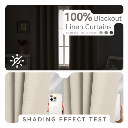 PFAS Free Ivory Linen Curtains 84 inch Length 2 Panels Set 100% Blackout Long Drapes for Bedroom Living Room Blackout Darkening Curtain Thermal Insulated (52x84 inch,Light Linen) - color: Light Linen, size: 52"W x 84"L (Pack of 2)
