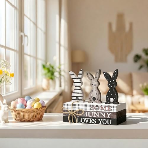 Smile Easter Wooden Stack, Rustic Bunny Mini Faux Books Bundle, Spring Tiered Tray Decorations, Indoor Decor for Kitchen Bathroom and Home Table Shelf - style: Classic Bunny