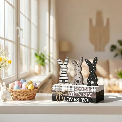 Smile Easter Wooden Stack, Rustic Bunny Mini Faux Books Bundle, Spring Tiered Tray Decorations, Indoor Decor for Kitchen Bathroom and Home Table Shelf - style: Classic Bunny