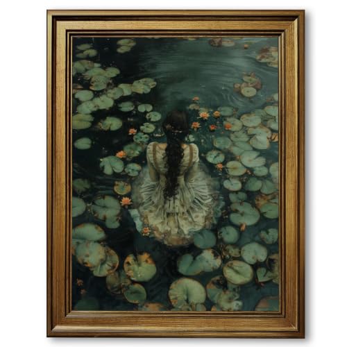 Ophelia Dark Academia Canvas Wall Art Prints Vintage Gothic Lake Girl Painting Poster Moody Victorian Wall Decor Cottagecore Romantic Botanical Artwork for Bedroom Bathroom 8x10inch Retro Gold Frame - color: Style-6 Golden Frame, size: 8"L x 10"W