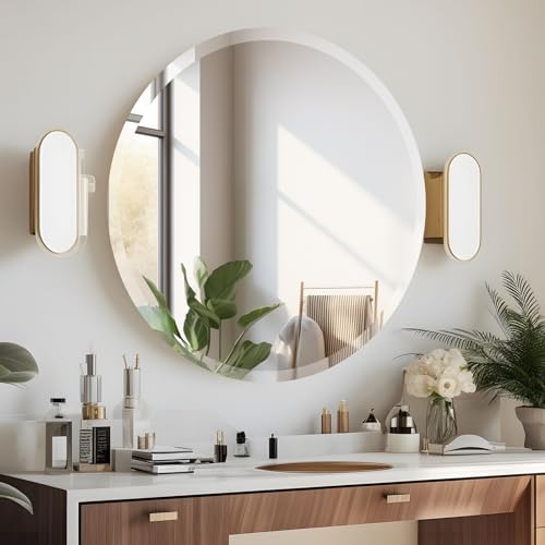 32 Inch Round Frameless Wall Mirror, Modern European Style, Ideal for Bathroom, Shatter-Resistant Packaging - size: 32"L x 32"W